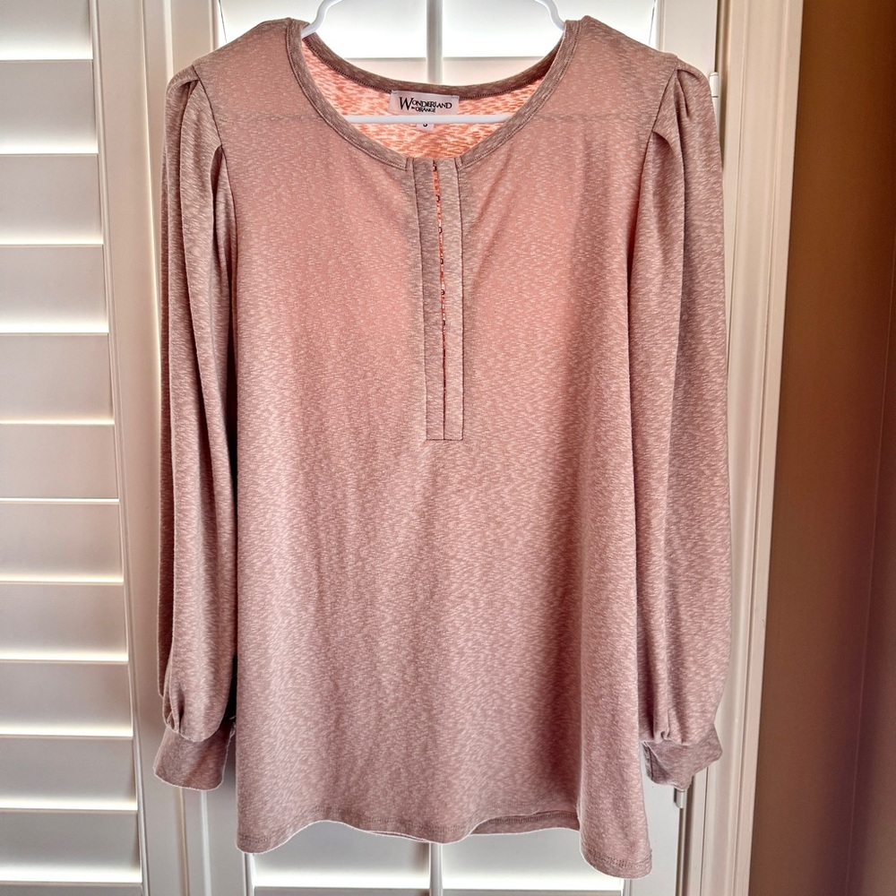 Wonderland by Orange Mauve Puff Sleeve Henley Top‎ Marl Knit Boho Small